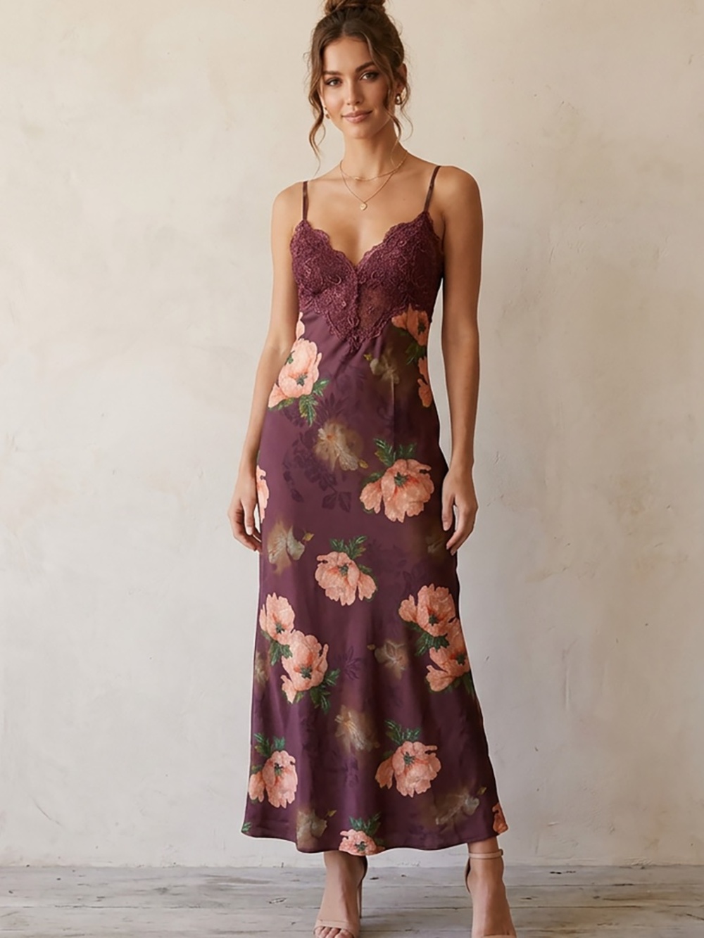 Azazie Atelier Maxi Slip Dress Floral Lace Sz 6 Cottage core Wedding guest